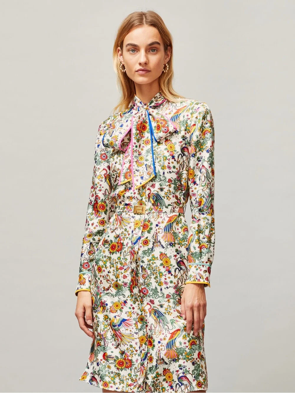 NWOT Tory Burch Silk Promised Land Floral Birds Contrast Dress Size 6